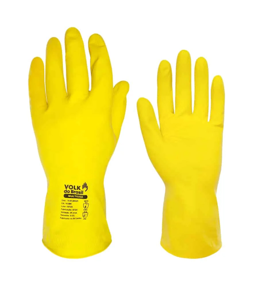 Luva de segurança confeccionada em borracha natural, revestida internamente com flocos de algodão, antiderrapante na face palmar e nos dedos, lisa na face dorsal e punho.  
