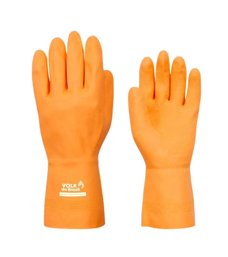 Luva de segurança confeccionada em látex natural, revestimento interno em flocos de algodão, relevo antiderrapante na face palmar e face palmar dos dedos