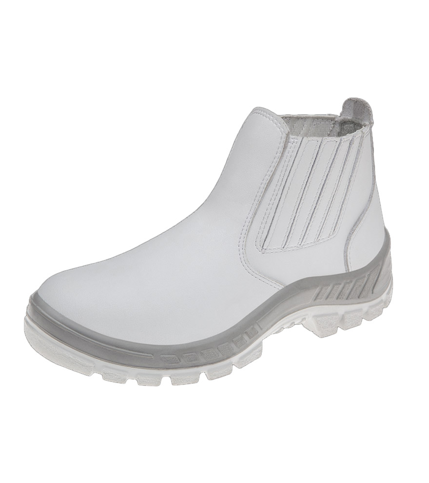 Bota de segurança confeccionada em microfibra na cor branca com faixa cinza na parte inferior do calçado, ideal para profissionais do ramo alimentício, e das áreas da saúde.
