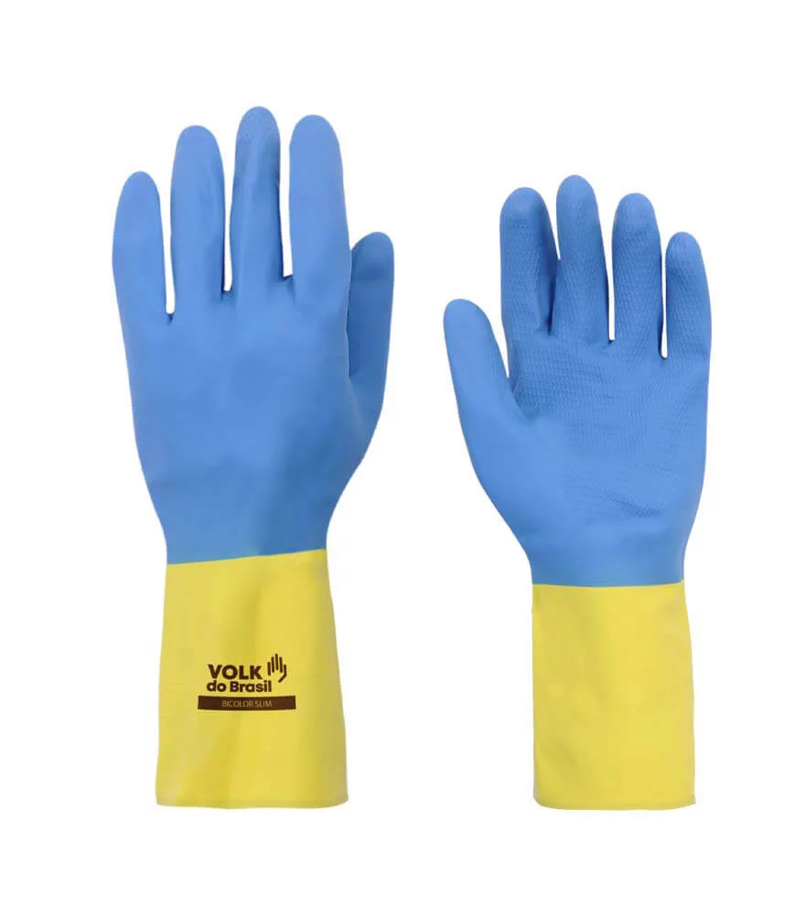 Luva de segurança confeccionada em látex natural e revestimento na face palmar, ponta dos dedos e dorso em neoprene, acabamento antiderrapante na face palmar e ponta dos dedos, revestimento interno em flocos de algodão.
