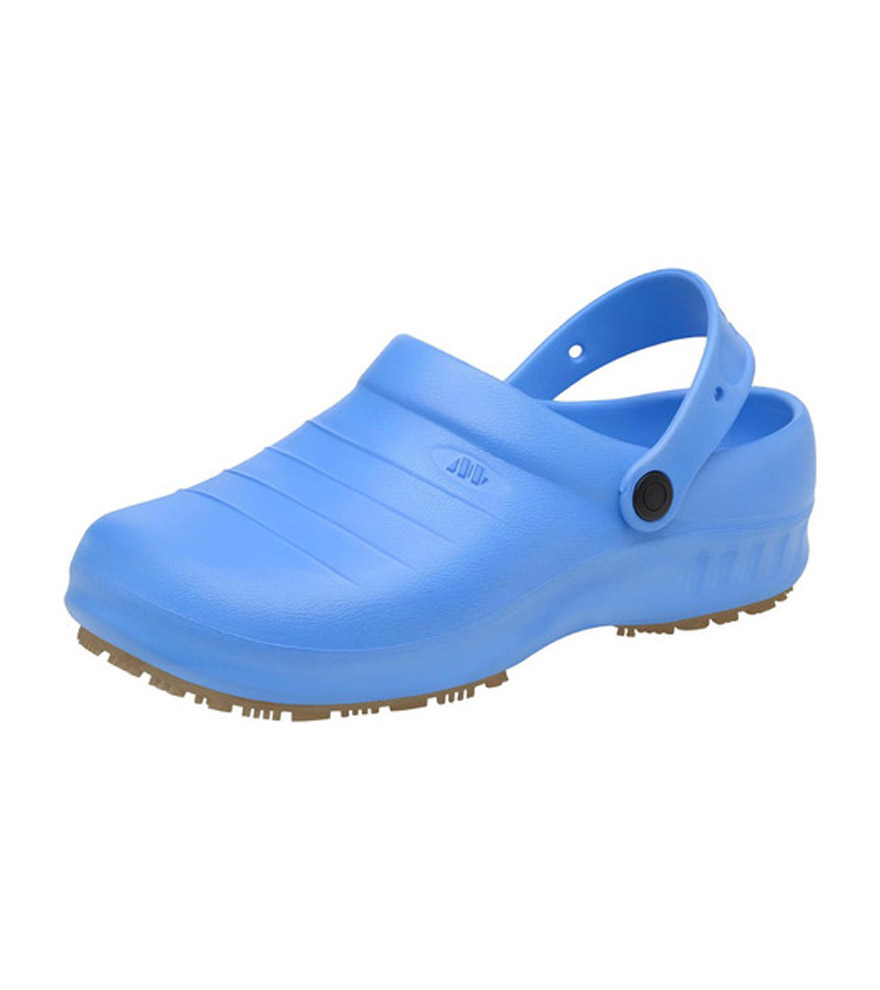 Sapato em EVA na cor azul, com fechamento por inteiro, ideal para profissionais que trabalham em hospitais e nas demais áreas da saúde, alimentação ou serviços gerais.