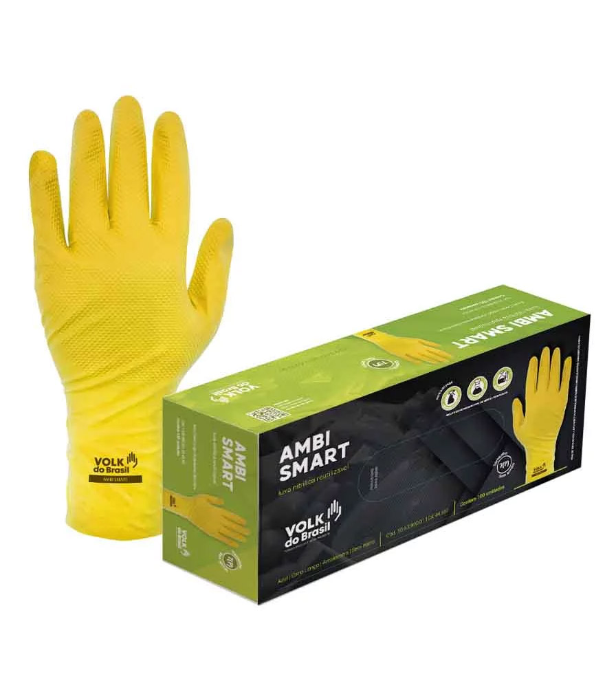 Luva de segurança e proteção confeccionada em nitrila, ambidestra, sem revestimento interno e com antiderrapante na face palmar e dorso.