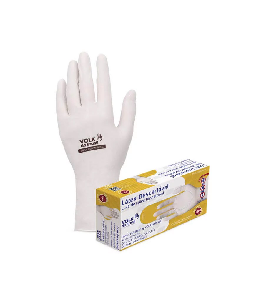Luva de segurança confeccionada em borracha natural, com pó bioabsorvível, ambidestra e superfície lisa.