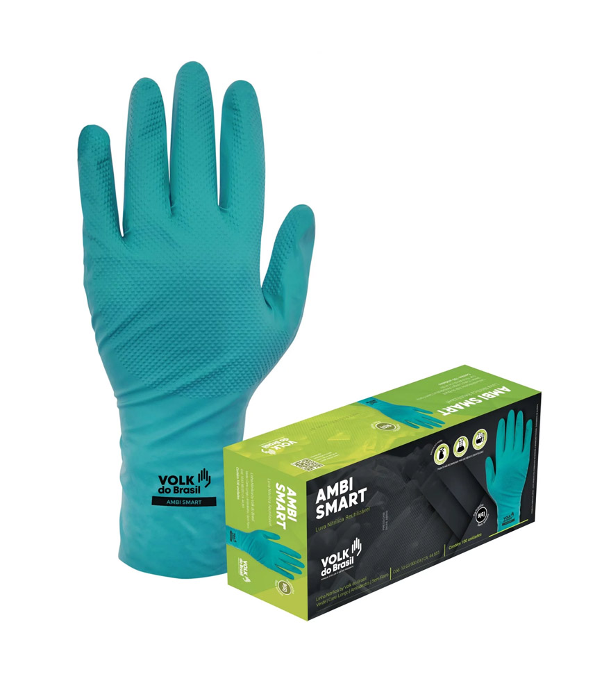 Luva de segurança e proteção confeccionada em nitrila, ambidestra, sem revestimento interno e com antiderrapante na face palmar e dorso.