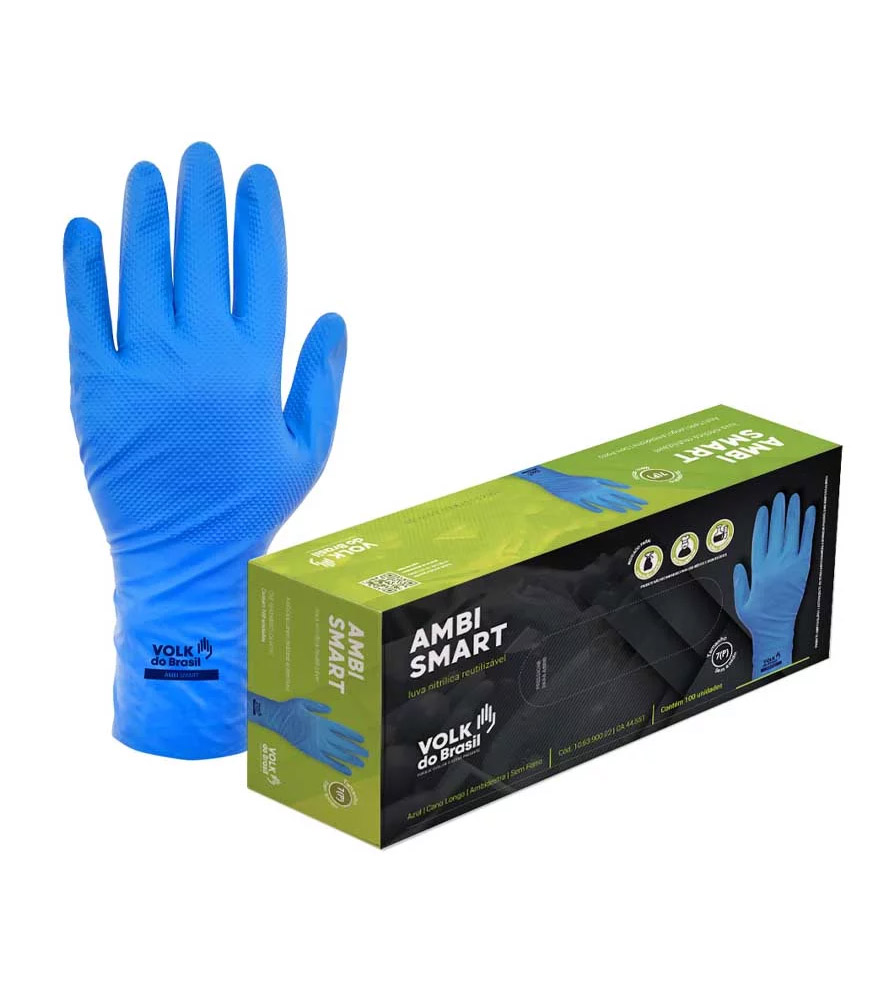 Luva de segurança e proteção confeccionada em nitrila, ambidestra, sem revestimento interno e com antiderrapante na face palmar e dorso.
